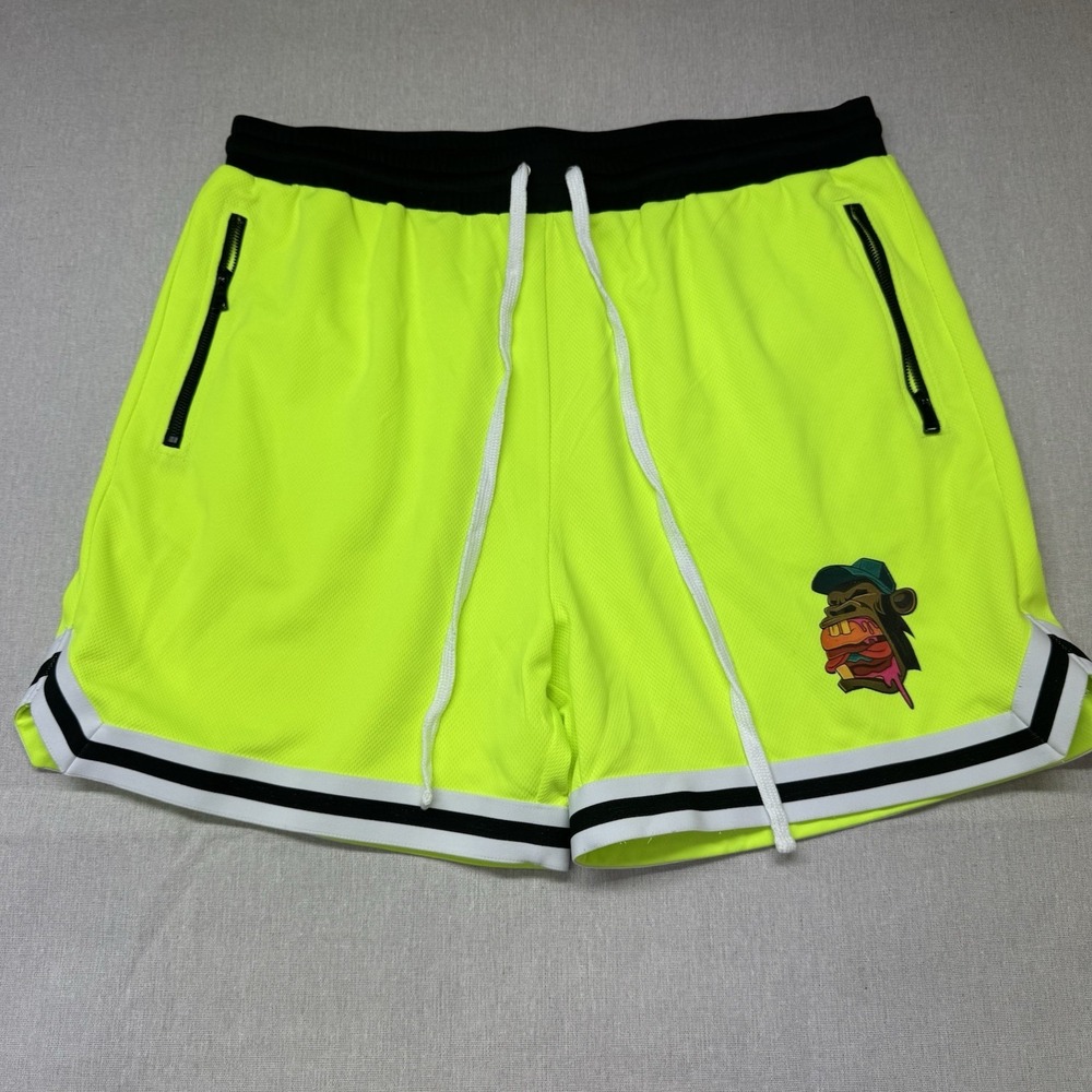 Fashion Nova Men Neon Yellow Mesh Basketball Shorts 2XL Monkey Burger GraphicNWT